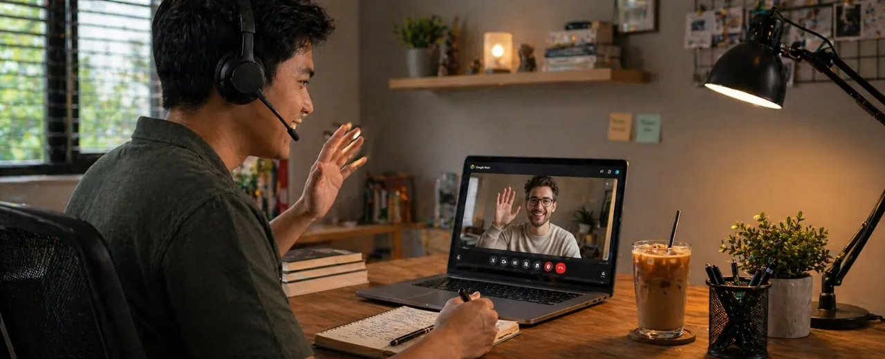 A picture of a Filipino freelancer having a meeting with his client