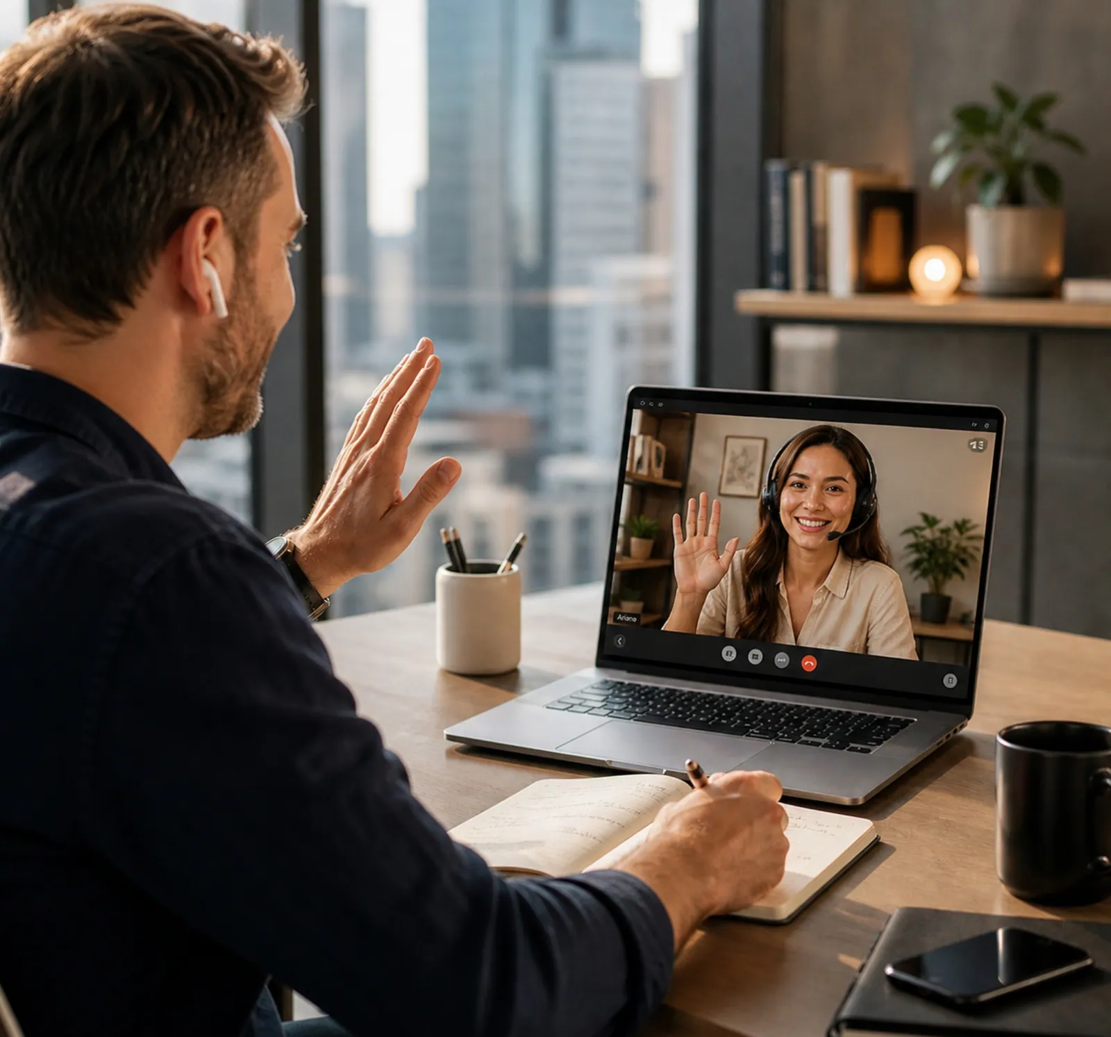 Foreign business owner on video call with Filipino freelancer