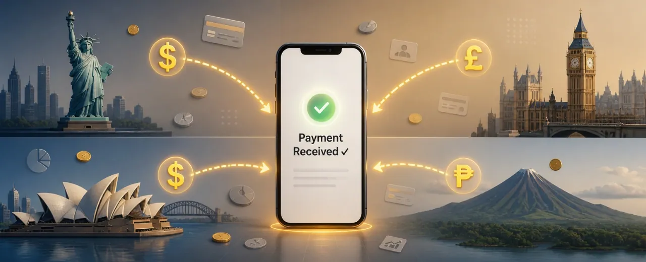 Representation of a Freelancer's smartphone receiving payment from the clients in different countries