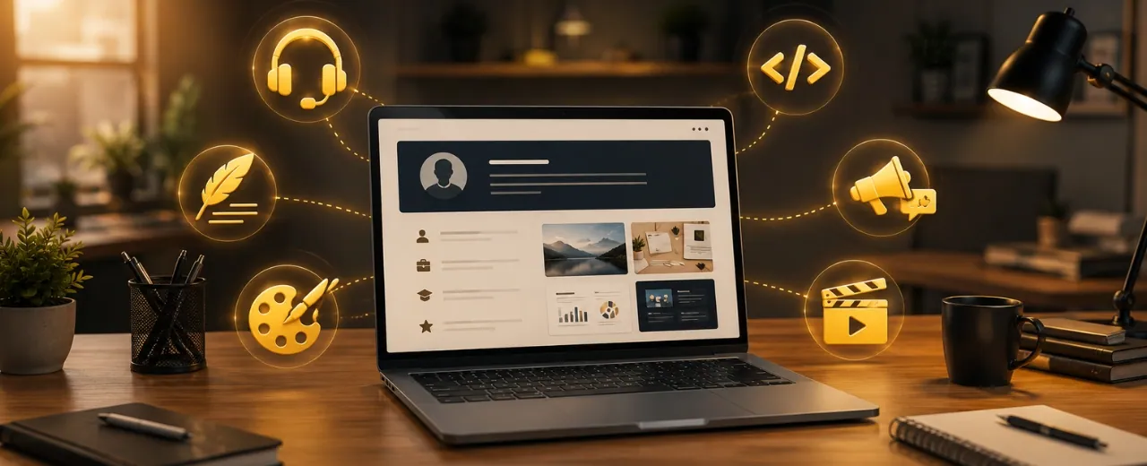 Representation of a client's laptop checking freelancer's profile with the symbols of different niches