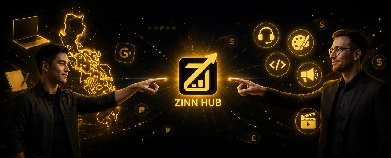 Representation of the Filipino freelancer and a client connecting using Zinn Hub platform