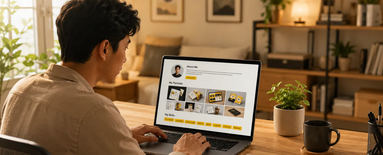 Paano gumawa ng freelance portfolio — Filipino freelancer building portfolio on laptop