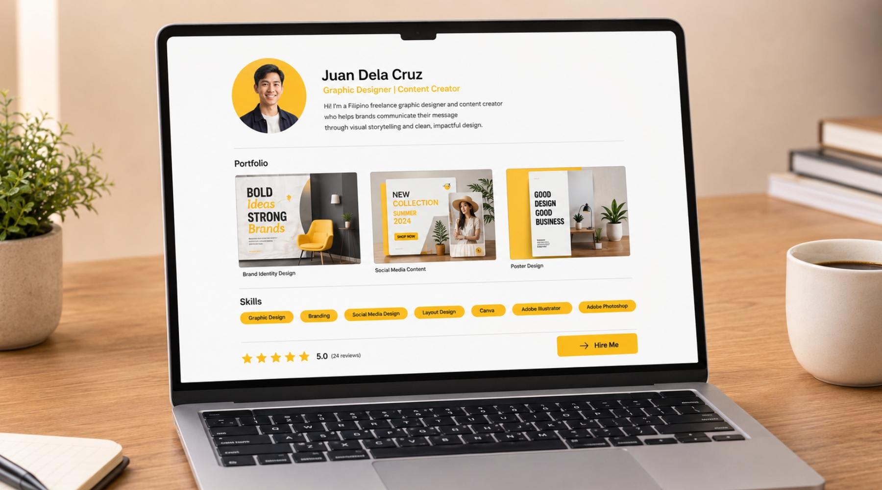 Sample freelance portfolio ng isang Pinoy graphic designer — clean layout, portfolio thumbnails, at skills section