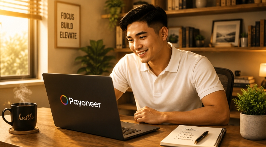 Pinoy freelancer na nag-che-check ng Payoneer account sa laptop — online payment para sa Filipino freelancers