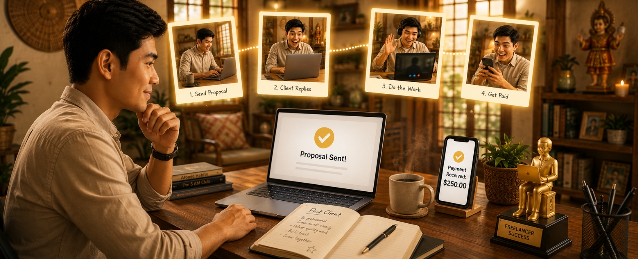 Pinoy freelancer na nagsusulat ng winning freelance proposal sa laptop — proposal writing guide para sa Filipino freelancers