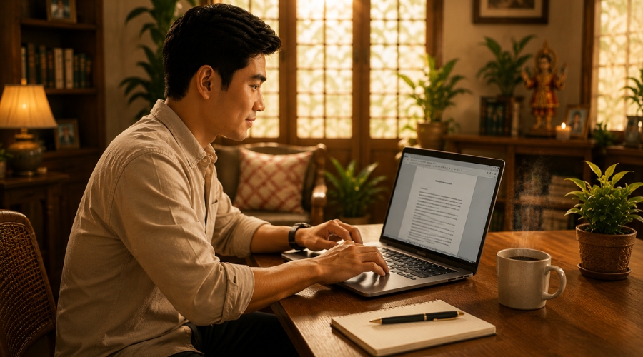 Pinoy freelancer na naka-focus sa pagsulat ng freelance proposal sa laptop — client pitching guide Philippines