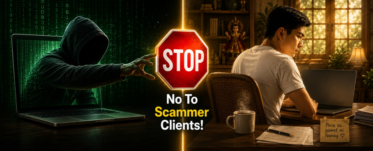 Pinoy freelancer na nagche-check ng red flags ng scam client sa laptop — paano makilala ang scam clients sa freelancing