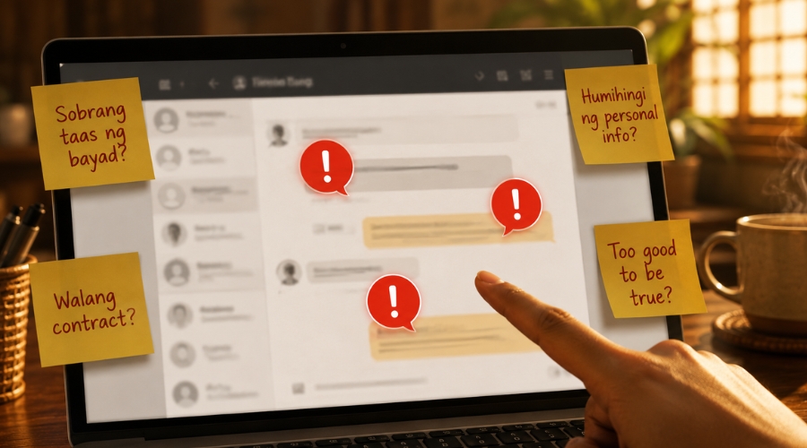 Laptop screen na nagpapakita ng suspicious na client offer na may red flag warnings — paano makilala ang scam clients sa freelancing Philippines