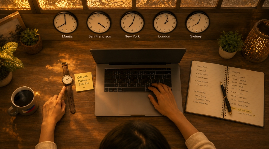 Pinoy freelancer na nag-che-check ng time zone para sa foreign client meeting — time zone management guide Philippines