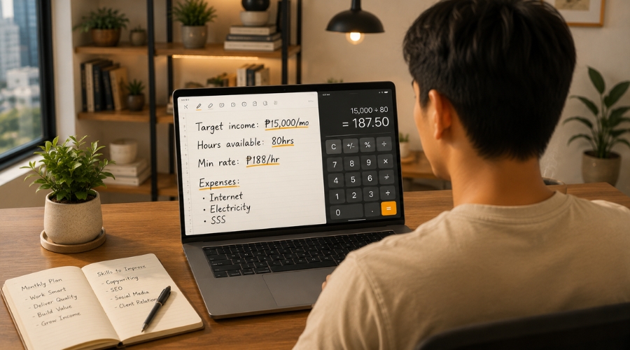 Baguhang Pinoy freelancer na nag-co-compute ng freelance rates — pricing guide para sa beginners Philippines