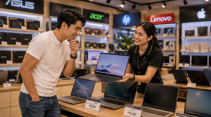 Pinoy freelancer na nagpapakonsulta sa saleslady sa laptop shop — pagpili ng pinakamainam na laptop para sa freelance work Philippines