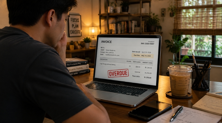 Pinoy freelancer na nagre-review ng unpaid invoice sa laptop — paano harapin ang late-paying clients sa Pilipinas