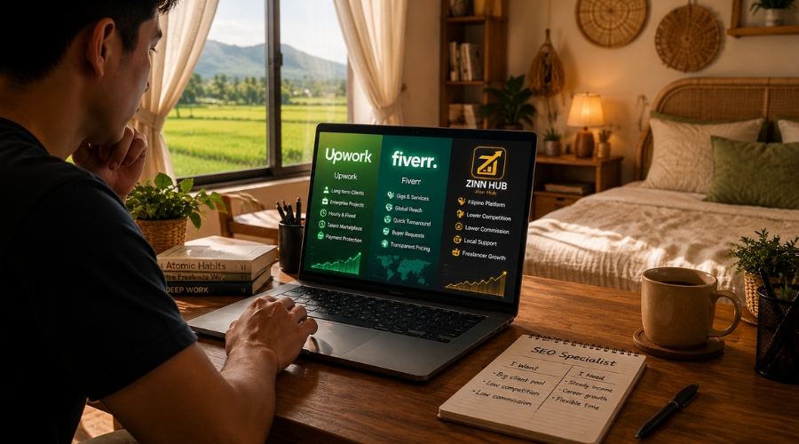 Pinoy freelancer na nag-co-compare ng Upwork, Fiverr, at Zinn Hub sa laptop — best freelance platform Philippines 2026
