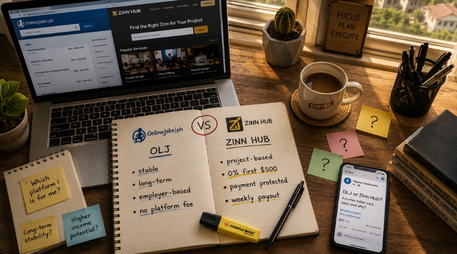 Pinoy freelancer comparing OLJ and Zinn Hub on notebook — OnlineJobs.ph vs Zinn Hub honest comparison para sa Filipino freelancers