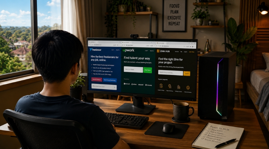 Pinoy freelancer na nag-co-compare ng Freelancer.com, Upwork, at Zinn Hub — best freelance platform Philippines 2026