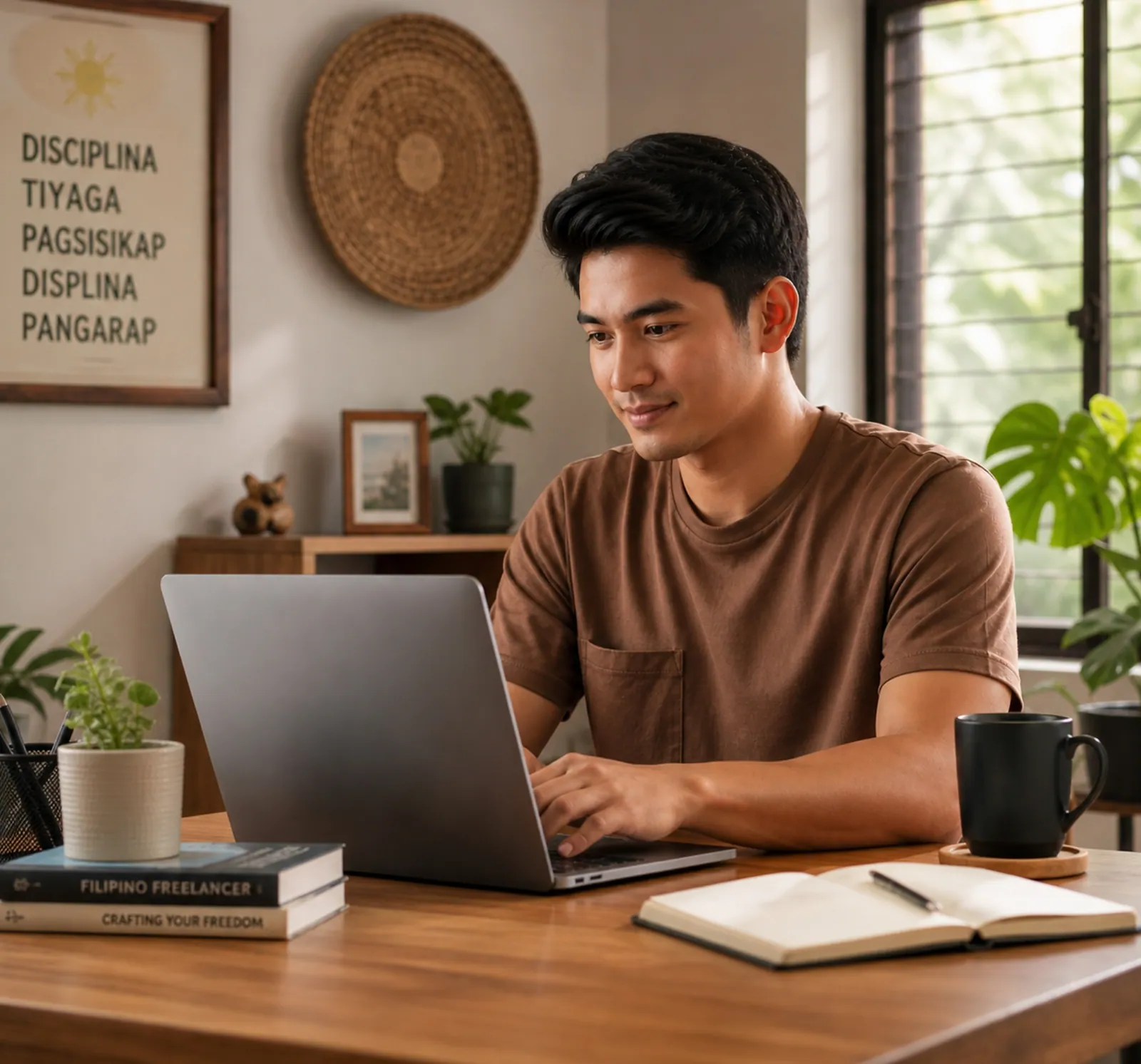 Filipino freelancer working on laptop at home