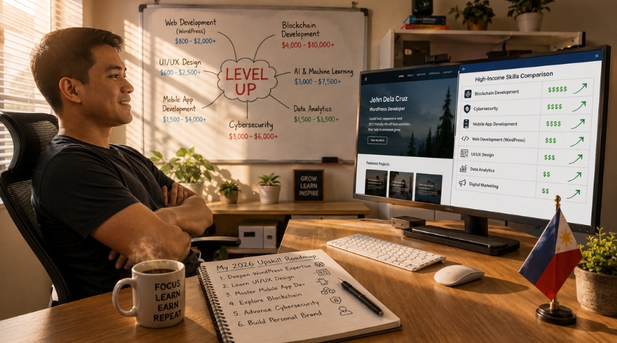 Filipino freelancer na nagpaplano ng career upgrade sa home office — highest paying freelance skills Philippines 2026