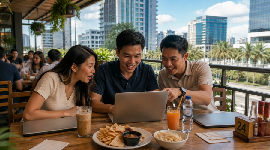 Tatlong Pinoy freelancers na nagtatrabaho sa alfresco dining — best freelance platforms Philippines 2026