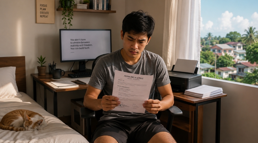 Filipino na nagdedesisyon sa pagitan ng freelancing at full-time employment sa Pilipinas 2026