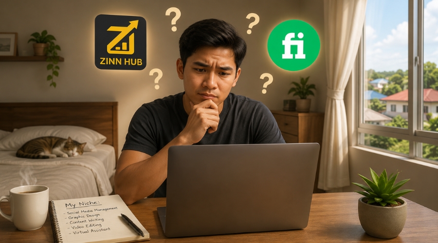 Filipino freelancer reviewing Zinn Hub and Fiverr platforms on laptop — honest comparison for Filipino freelancers and buyers 2026