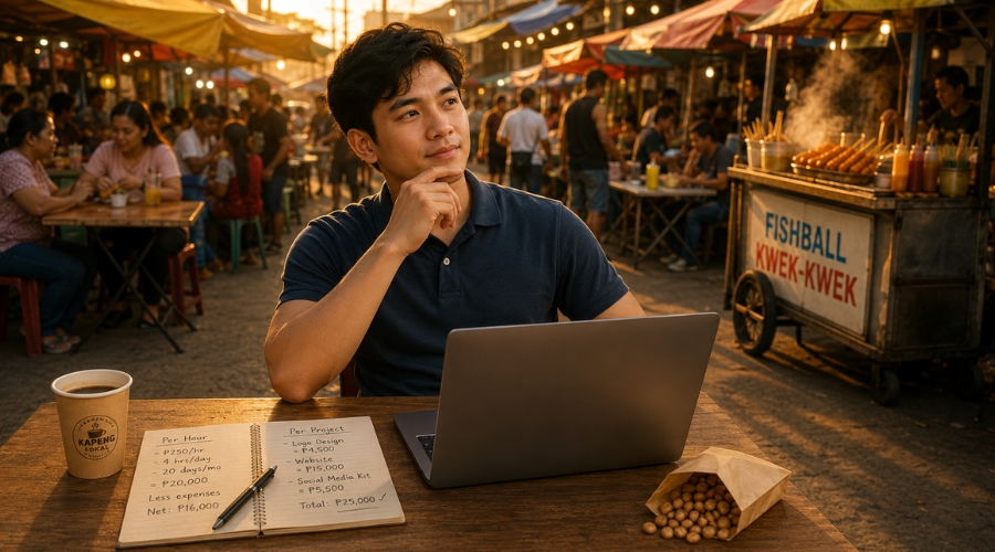Filipino freelancer calculating hourly vs project based rates on notebook — pricing guide Philippines 2026