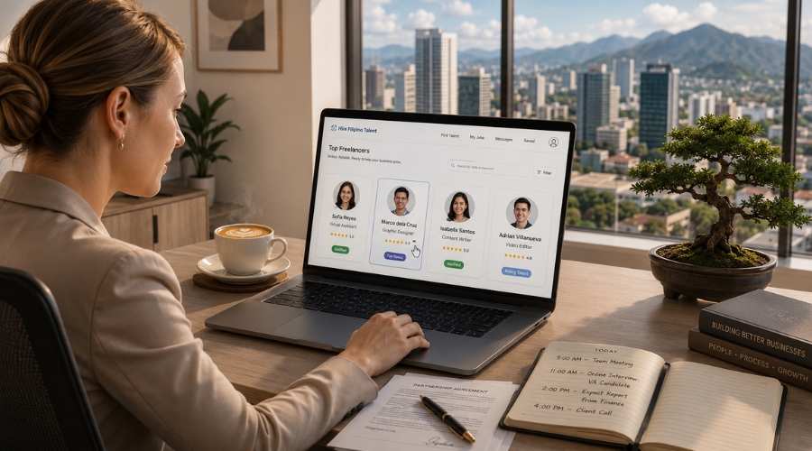 Business owner reviewing Filipino VA profiles on laptop — hiring guide for small business owners Philippines 2026