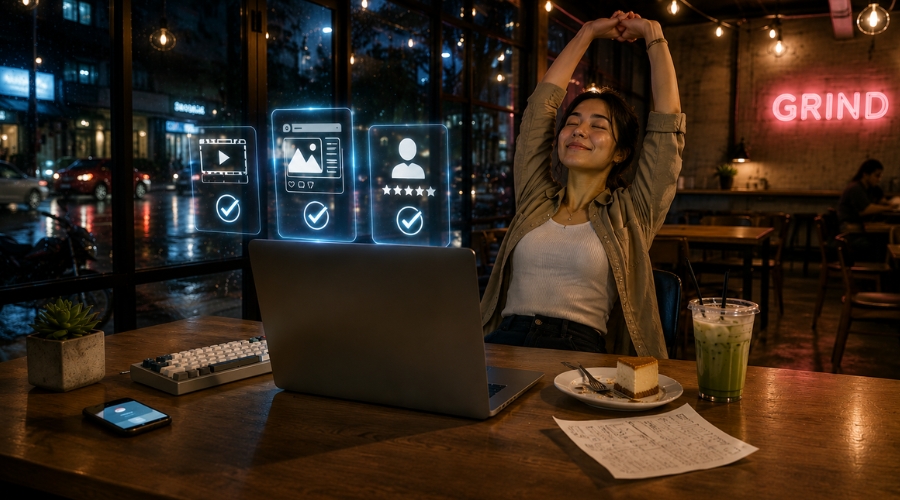 Filipino freelancer celebrating finishing a late-night project at a 24-hour coffee shop in the Philippines, with holographic project completion icons floating above the table