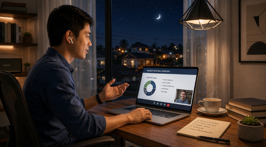 Filipino freelancer working on a remote project with an international buyer, demonstrating effective cross-cultural professional communication