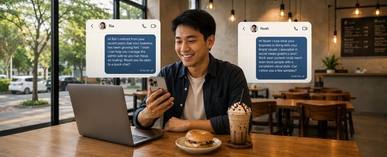 Filipino freelancer na nagsusulat ng cold DM pitch sa laptop para makakuha ng bagong kliyente