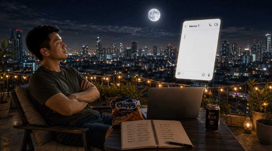 Filipino freelancer sitting on a rooftop terrace at night with the Metro Manila skyline behind him, preparing to send cold DM pitches to potential clients