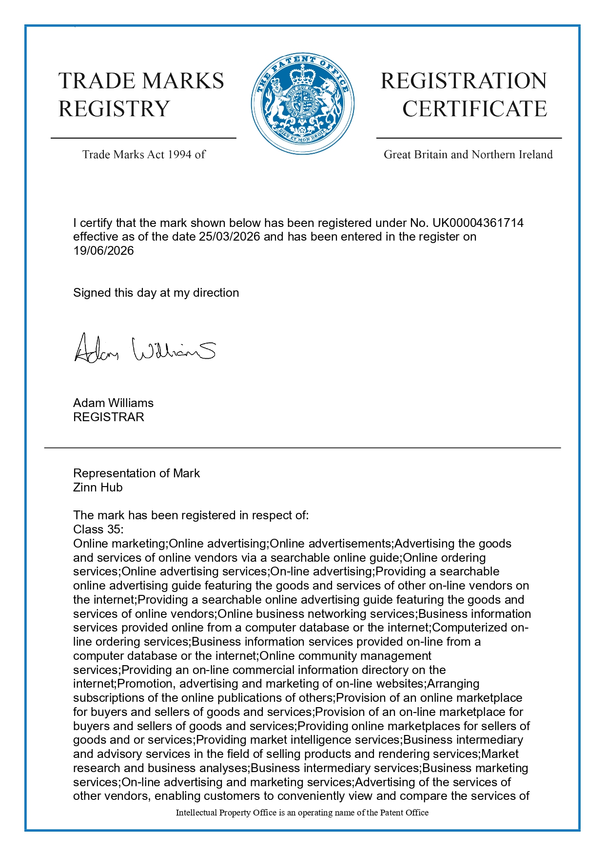 Zinn Hub UK Trade Marks Registry Registration Certificate Page 1 - Registration No. UK00004361714 issued by the UK Intellectual Property Office