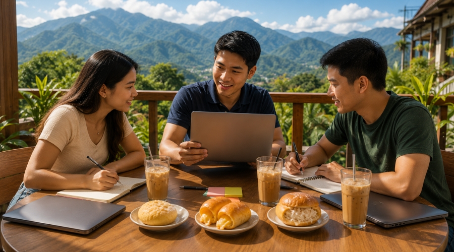 Experienced Filipino freelancer sharing his laptop screen with two aspiring freelancer friends on a coffee shop balcony, with a stunning Philippine mountain range view in the background