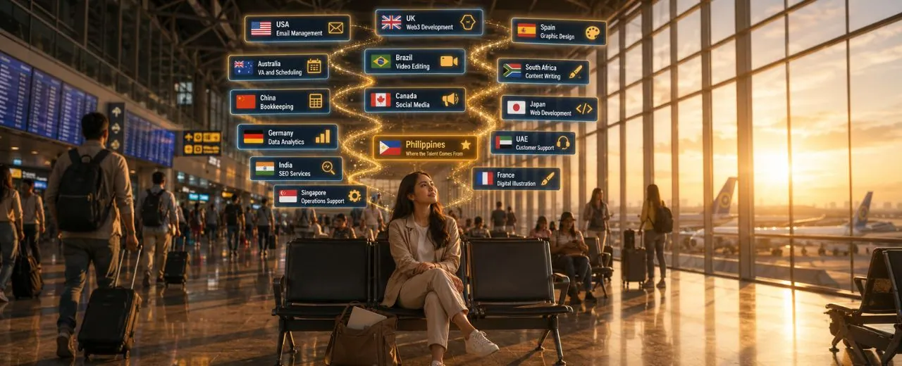 Filipino freelancer na nagtatrabaho sa laptop habang nakikipag-ugnayan sa international clients mula sa Pilipinas