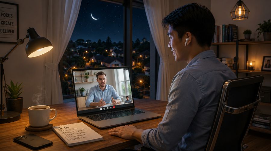Filipino freelancer na nagco-communicate sa international clients gamit ang laptop habang naka-setup sa home office