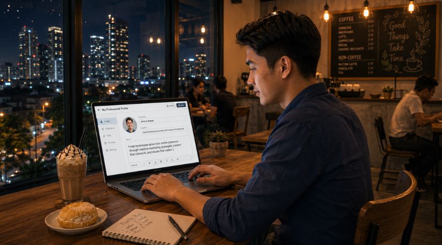 Filipino freelancer na nagco-create ng LinkedIn content sa laptop para mapalakas ang personal brand at makaakit ng international clients