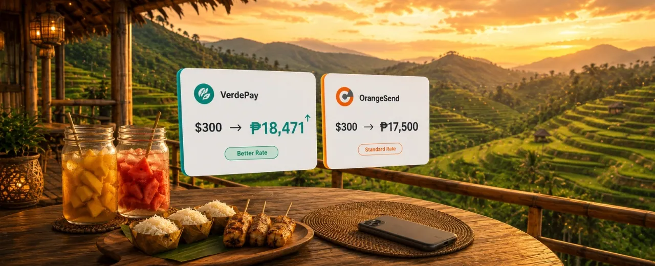 Two fictional payment app comparison cards showing different USD to PHP conversion rates for $300 floating above a traditional Filipino veranda table with fruit drinks and local snacks, overlooking a rice terrace landscape at golden hour