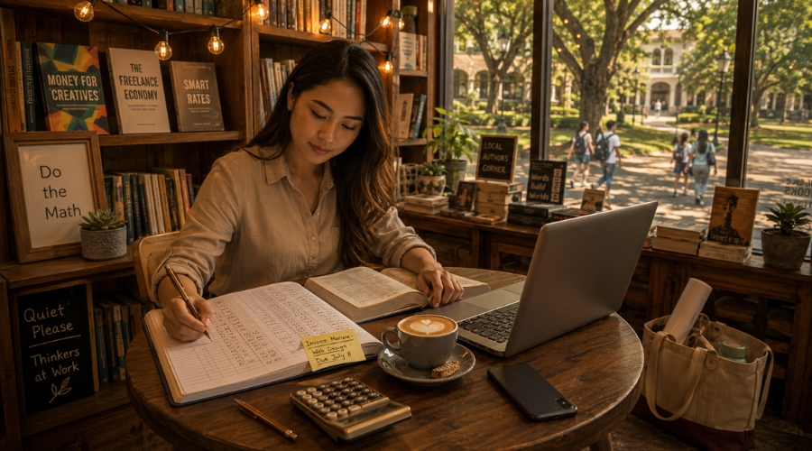 Filipina freelancer carefully writing invoice calculations in a financial ledger at a cozy Filipino bookstore coffee corner with a university campus street view outside