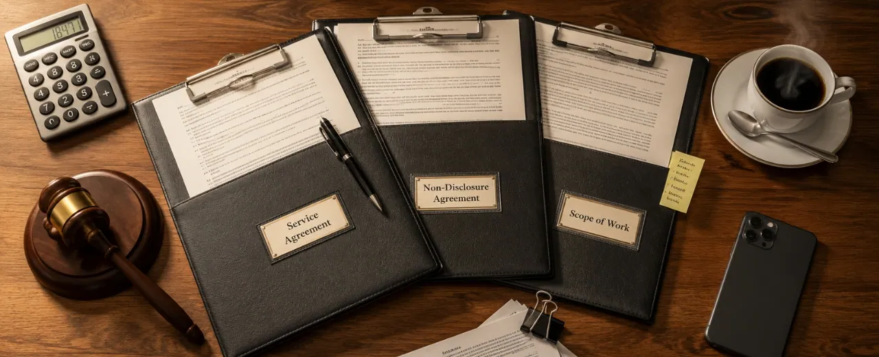 Top-down view of a professional desk with secretarial clipboard folders labeled Service Agreement, Non-Disclosure Agreement, and Scope of Work, alongside a gavel, coffee cup, calculator, and smartphone