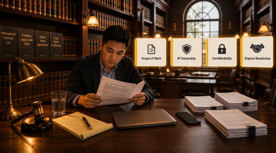 Filipino professional carefully reviewing a freelance contract in a quiet law library with floating contract protection cards showing scope of work, IP ownership, confidentiality, and dispute resolution