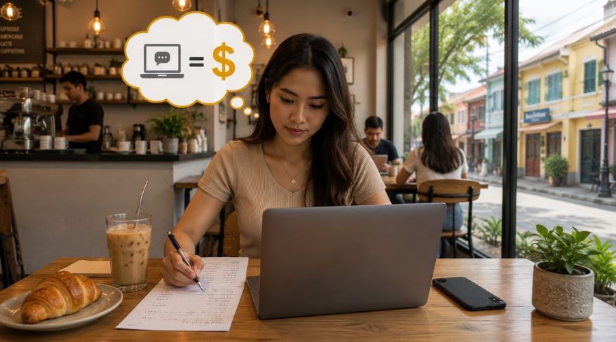Filipino virtual assistant na nag-aanalisa ng kanyang specialization rates at monthly income calculations para sa iba't ibang VA niches