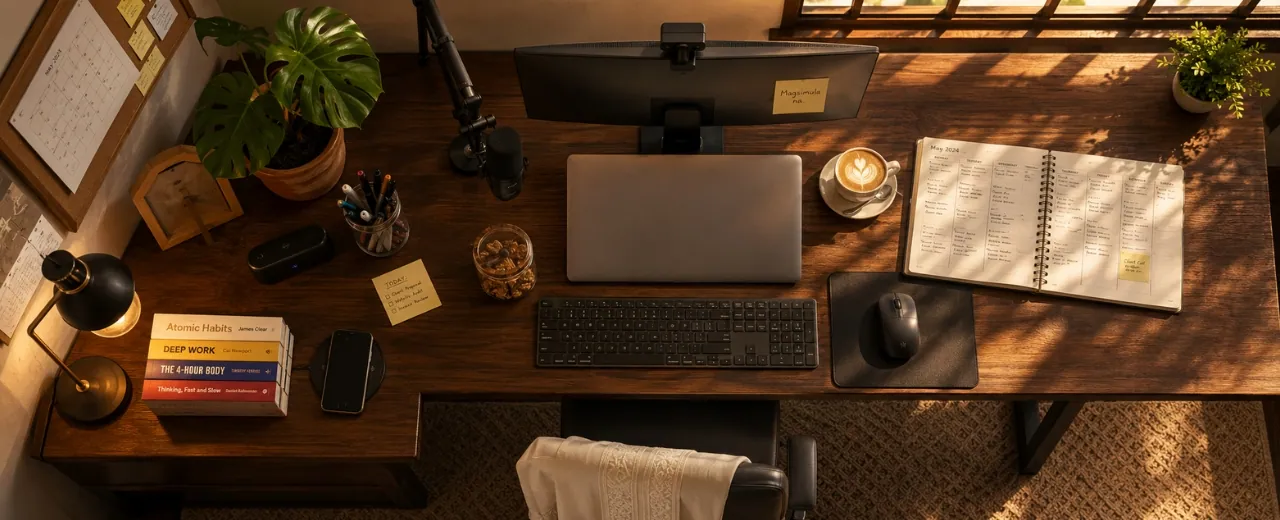 Bird's eye view of a Filipino home office with an L-shaped walnut desk showing a work zone with monitor, keyboard, microphone and webcam, and a reference zone with books, planner, and monstera plant, lit by warm afternoon sunlight