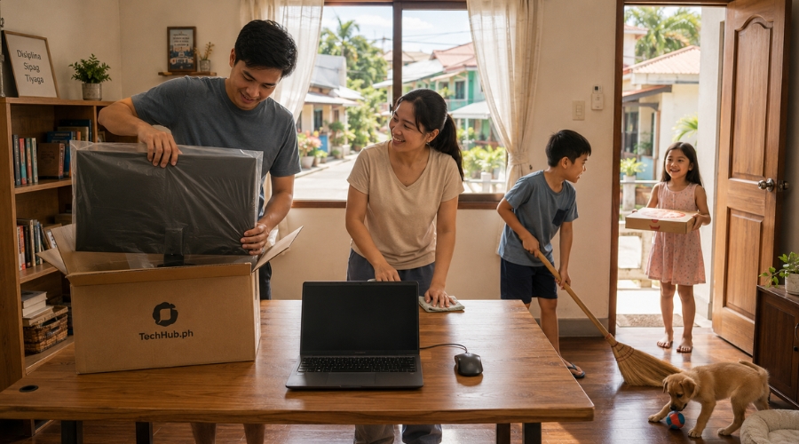 A Filipino freelancer unboxing a new external monitor at his home office desk while his wife cleans the table beside him, their son sweeps the floor, their daughter arrives with a pizza box, and their puppy plays in the corner