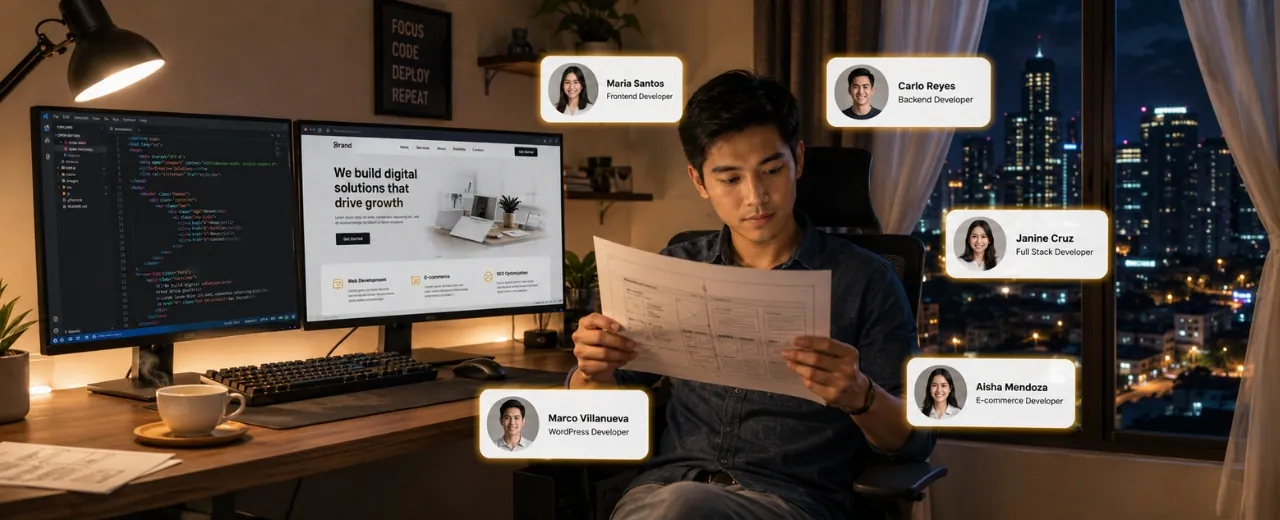 Business owner reviewing a Filipino web developer's portfolio and code samples before making a hiring decision