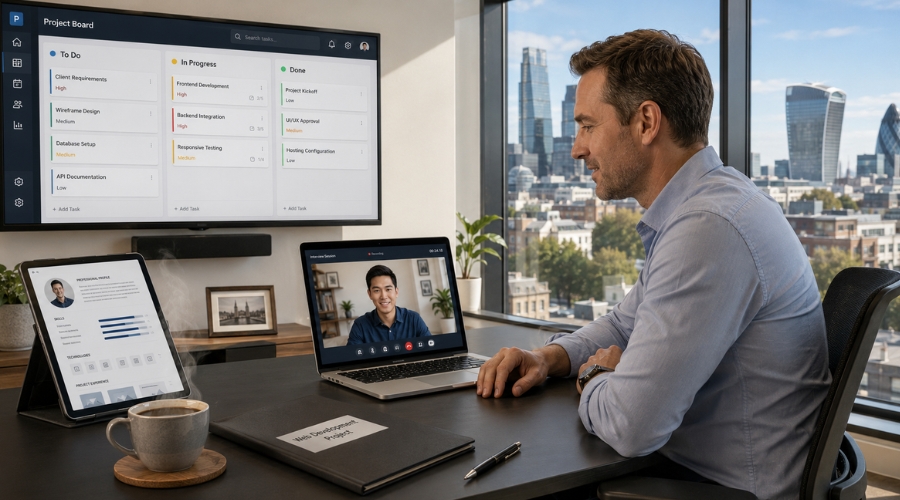 Business owner conducting a video call interview with a Filipino web developer, reviewing portfolio and technical skills before making a hiring decision