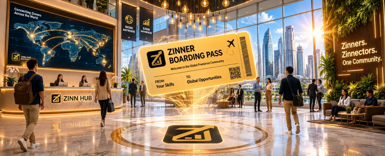Cinematic view of a fictional Zinn Hub global headquarters lobby with a gold logo inlaid on marble floors, a floating holographic Zinner boarding pass, a live world map LED wall showing global freelance connections, and diverse professionals in the background