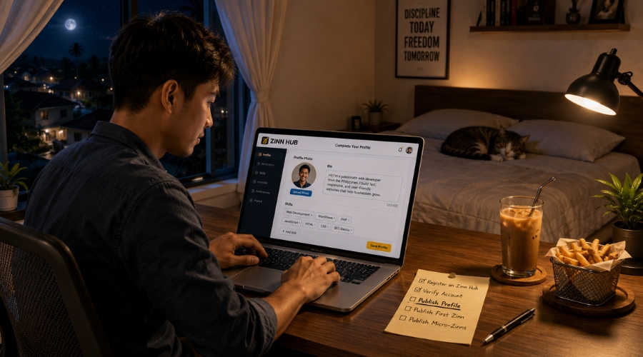 Filipino freelancer setting up his Zinn Hub profile on his laptop at his home office desk late at night with a to-do list showing Register and Verify Account already checked, iced coffee and potato fries on the desk, a sleeping cat on the bed, and a village view outside the window