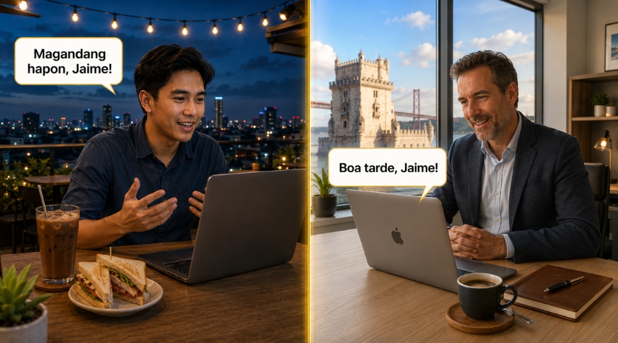 Filipino freelancer and international buyer communicating through Zinn Hub real-time translation with live captions during a video call consultation