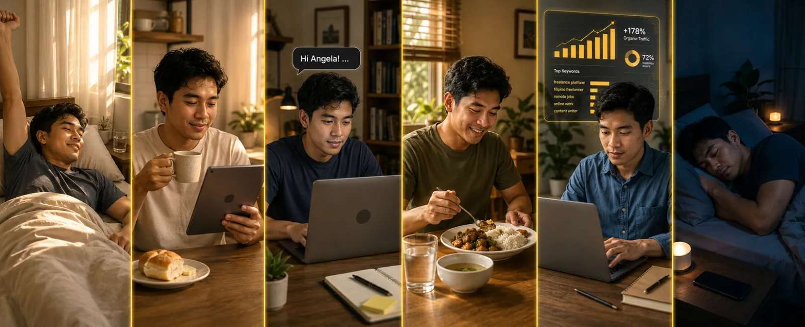 Six-panel editorial illustration of the same Filipino freelancer going through his daily routine from waking up in the morning, drinking coffee while checking his iPad, replying to a client message on his laptop, eating lunch, working on an SEO analysis, and sleeping at night