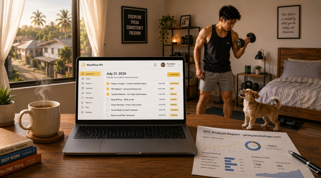 A laptop facing the viewer showing a fictional work management platform with tasks for July 21 2026 on a home office desk with a coffee cup, SEO analysis report for pinoyworkshop.com, and books, while a Filipino freelancer exercises with dumbbells in the background of his bedroom with a curious puppy nearby and a village view outside the window