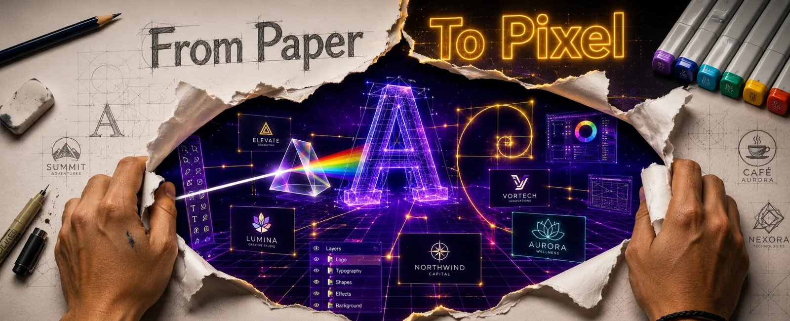 the trompe-l'oeil paper tearing open revealing the digital design universe with Filipino hands pulling the paper apart and the From Paper to Pixel headline.
